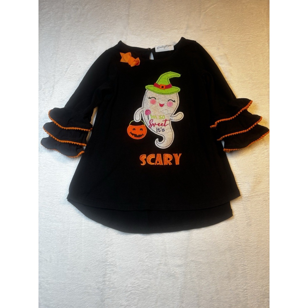 Emily Rose Girls Ghost Top Black Pumpkin Halloween Ruffle Sleeve Size 5‎ Scary